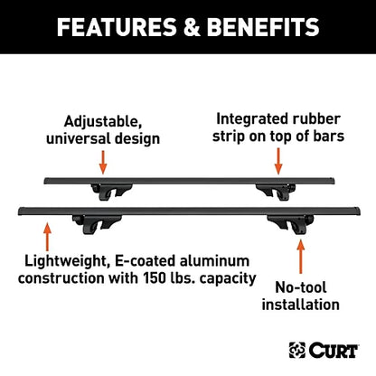 CURT universal raised rail roof rack crossbars highlighting aluminum construction, no-tool installation and integrated rubber strip