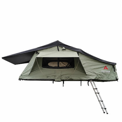 Dog House Mesa 4 person soft shell rooftop tent open on vehicle roof rack
