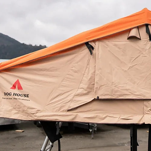 Dog House Mesa 4 season soft shell rooftop tent side view with ladder