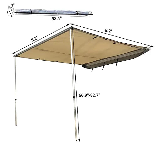 Dog House vehicle awning dimension diagram showing roof rack shade coverage