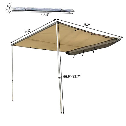 Dog House vehicle awning dimension diagram showing roof rack shade coverage