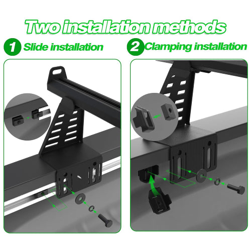 Dual mounting options for truck bed rack: sliding rail and clamp method