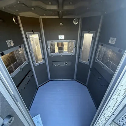 Inside view of Elevated Hunting Blind showing 360-degree windows and insulated walls