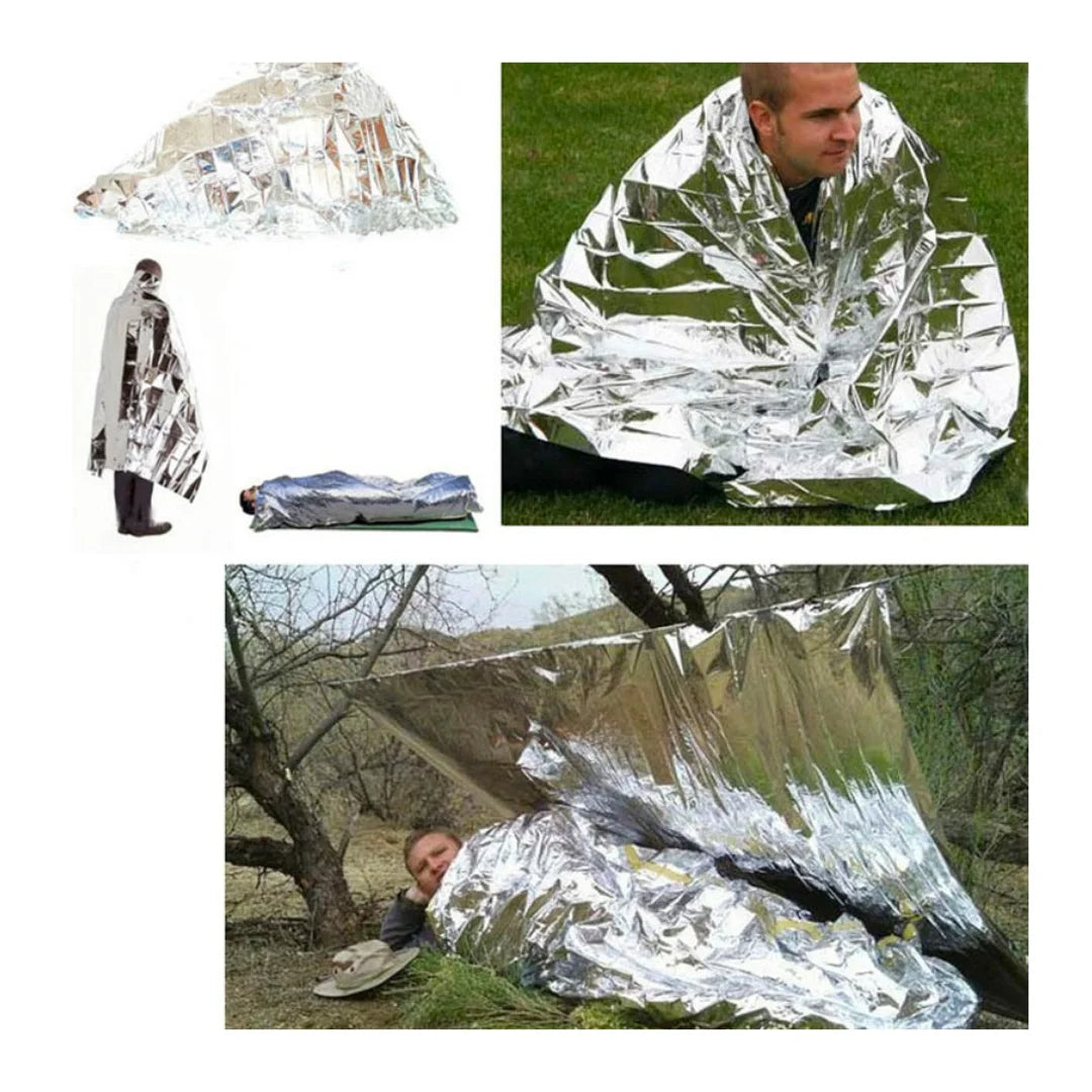 Collage showing different emergency uses: worn as a poncho, used as a sleeping bag cover, or blanket
