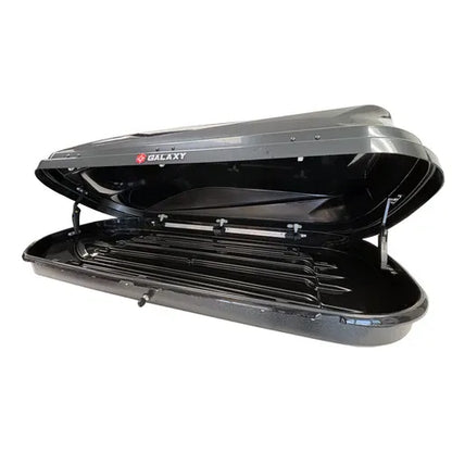 Essential Roof Cargo Box – Open View Showing Spacious Interior for Skis, Snowboards, and Camping Gear