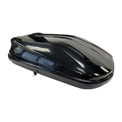Essential Roof Cargo Box – Side Angle of Glossy Black Rooftop Cargo Carrier with Lock