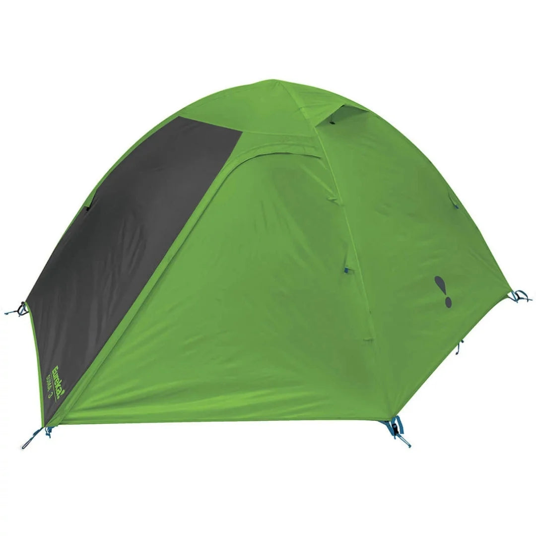 Side view of the Eureka Suma 3 person tent, partially zipped to show the door and ventilation setup.