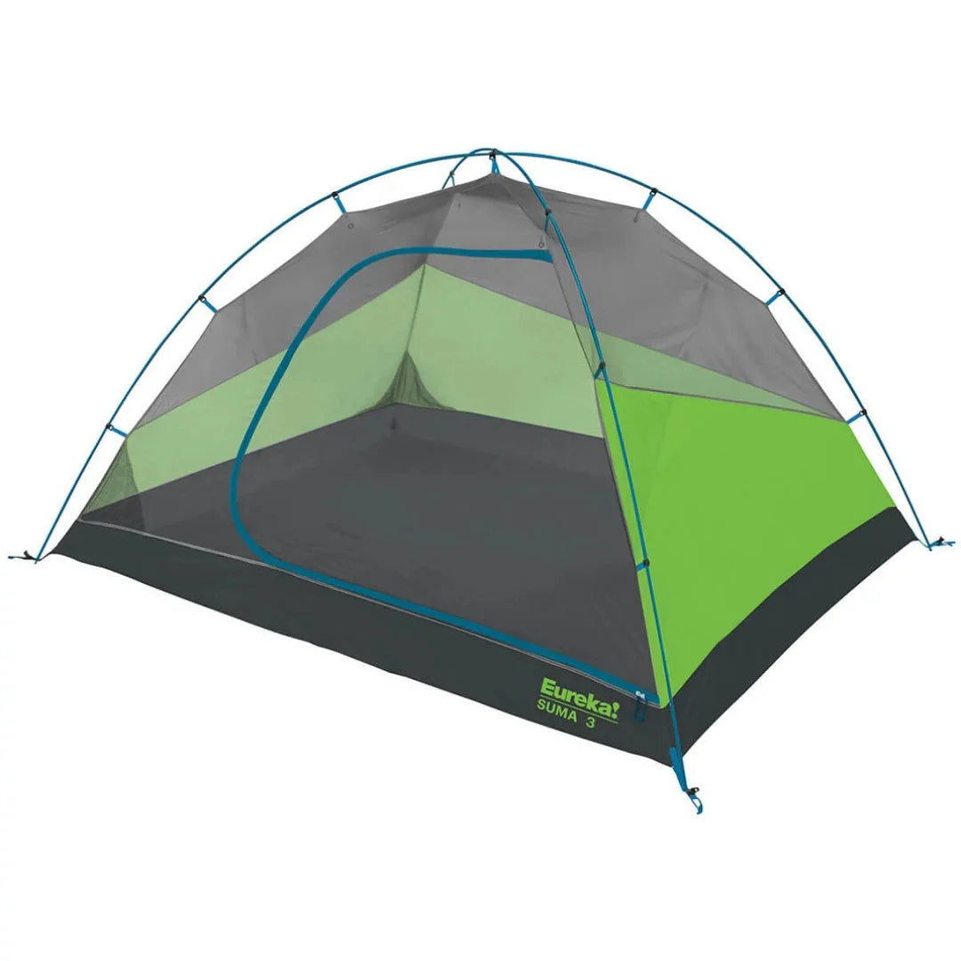 Angled top view of the tent interior of Eureka Suma 3, highlighting floor space and side ventilation without rainfly.