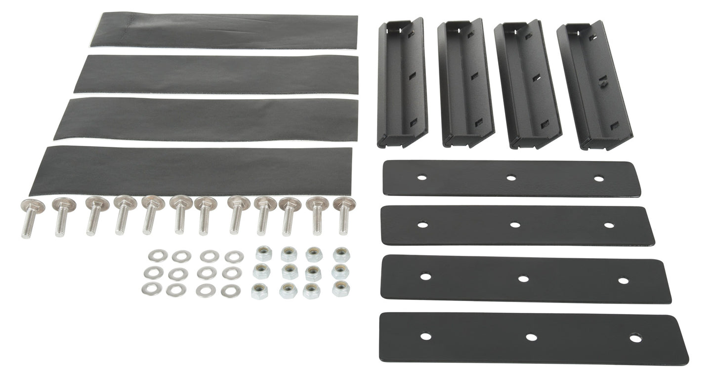 Four black false gutter mounting brackets with backing plates, bolts, washers and nuts for a pickup canopy roof rack