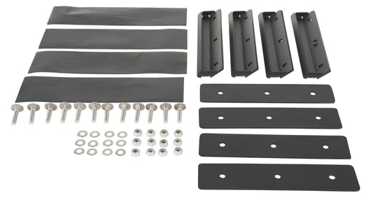 Four black false gutter mounting brackets with backing plates, bolts, washers and nuts for a pickup canopy roof rack