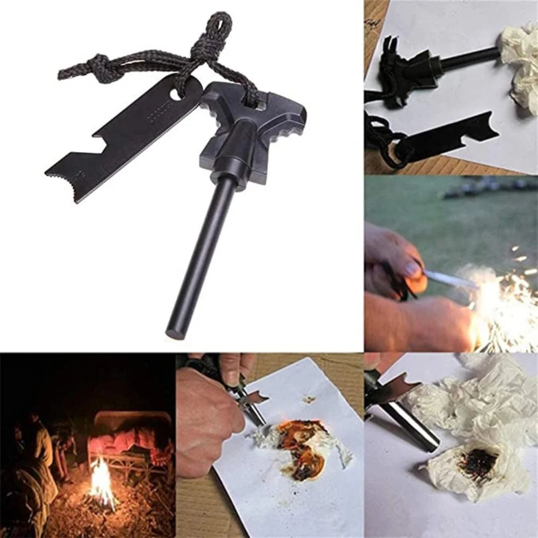 Flint rod and scraper shown with sparks and examples of fire-starting on dry tinder.