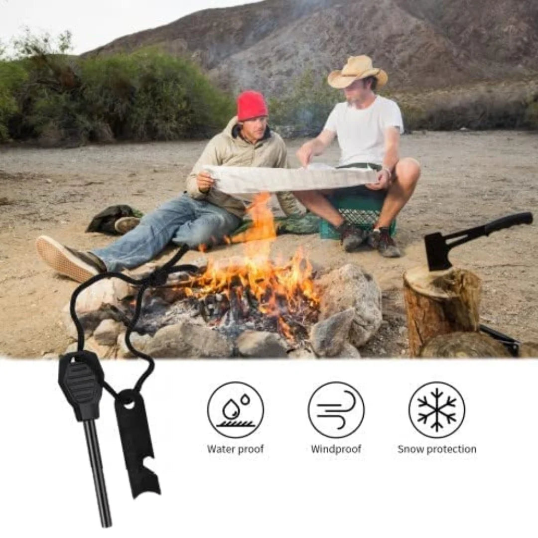 Flint rod by campfire with two campers in the background, fire-starting icons shown.