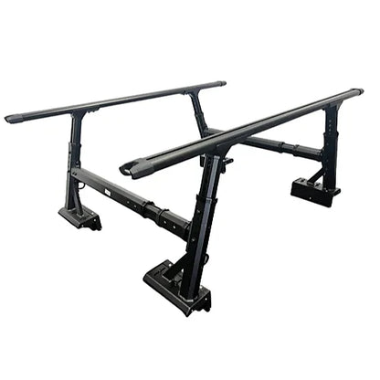 Full view of stainless steel bed rack off the truck showing modular parts