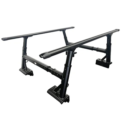 Full view of stainless steel bed rack off the truck showing modular parts