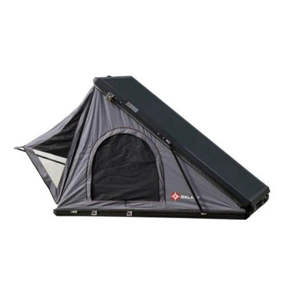 Galaxy Clamshell Rooftop Tent side view showing aluminum shell and triangular setup
