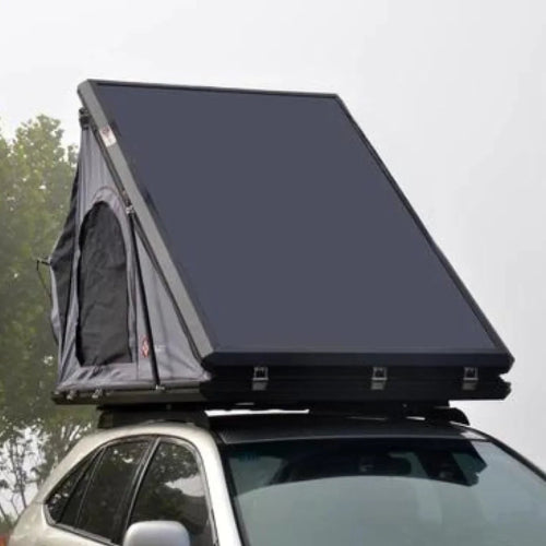 Galaxy Clamshell Rooftop Tent fully opened on vehicle showing struts and support arms