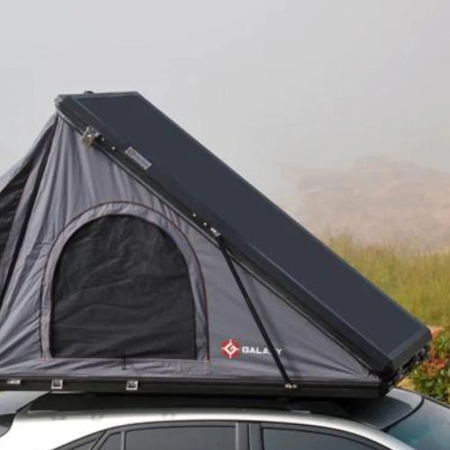 Galaxy Clamshell Rooftop Tent mounted on SUV side profile with Galaxy logo visible