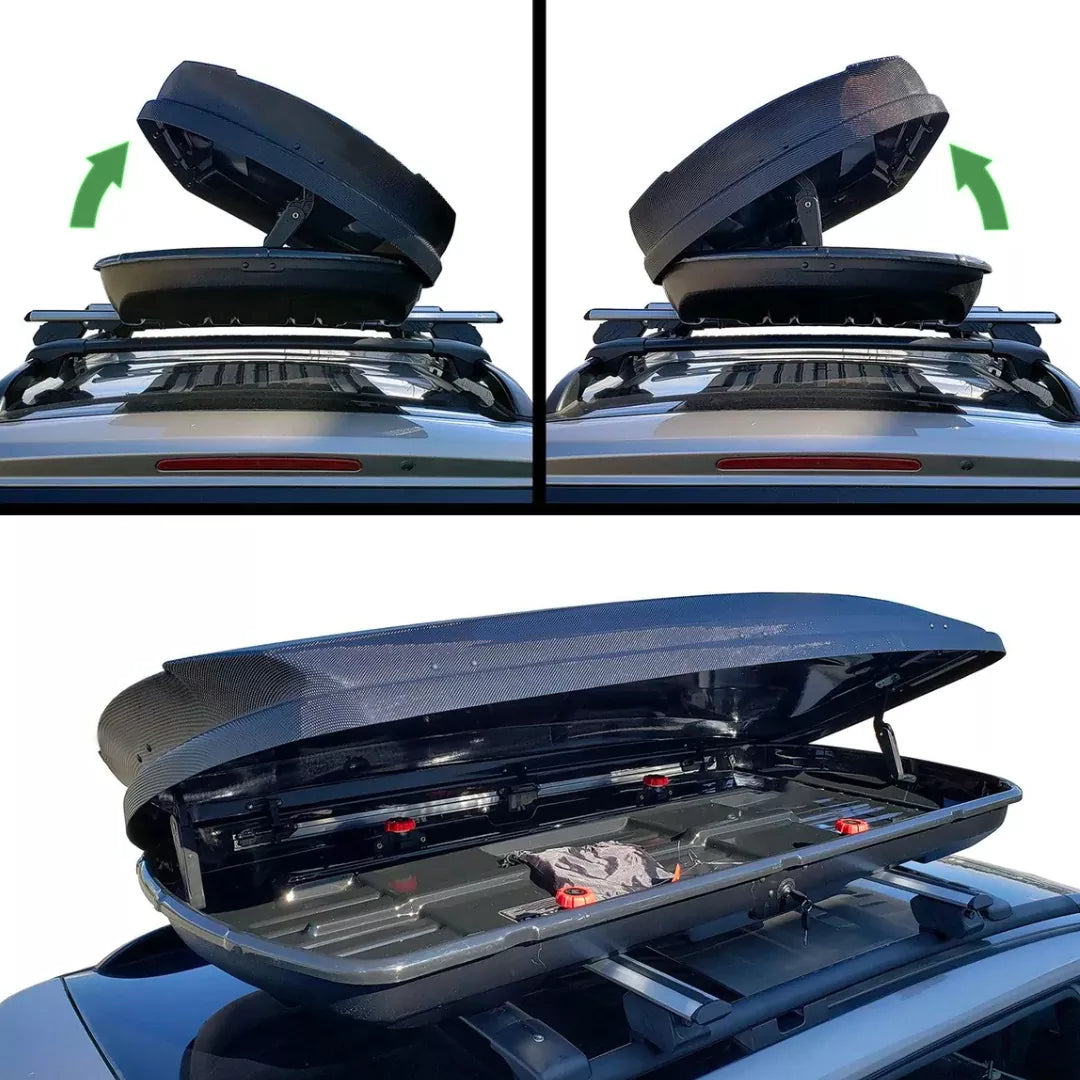 Open Galaxy cargo box showing dual-sided access with arrows indicating lid opening direction