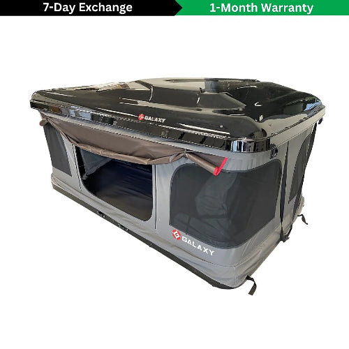 Galaxy Rooftop Tent with closed roof and 7-day exchange warranty banner