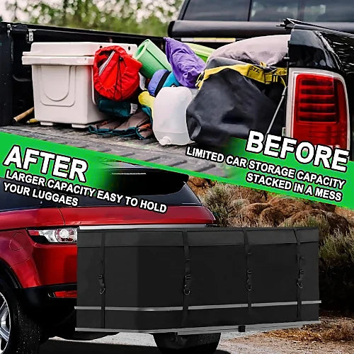 Durable green hitch-mounted storage bag installed on red SUV