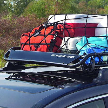 Highland U-Venture cargo basket mounted on car roof with red and blue duffel bags secured using a cargo net