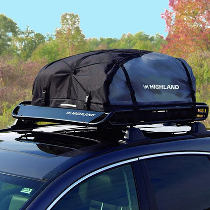 Highland U-Venture cargo basket carrying a black rooftop cargo bag securely mounted on a vehicle