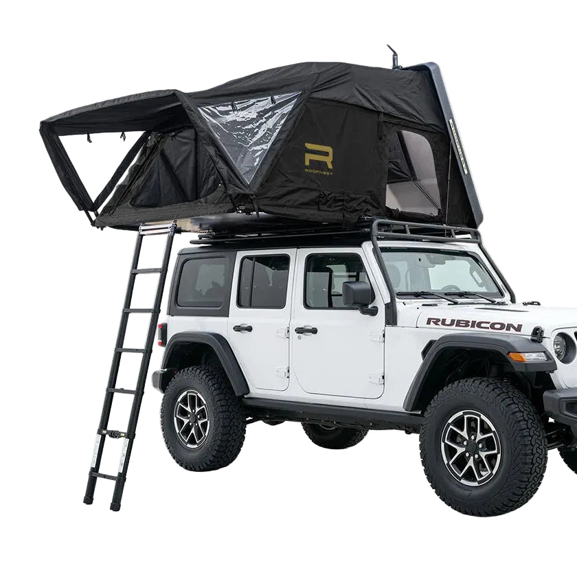 Condor 2 XXL Air hard shell rooftop tent opened on a vehicle with ladder deployed and side awnings extended.
