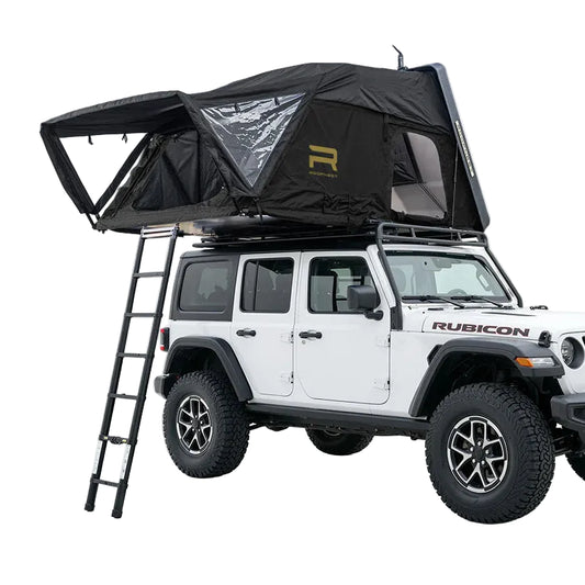 Condor 2 XXL Air hard shell rooftop tent opened on a vehicle with ladder deployed and side awnings extended.