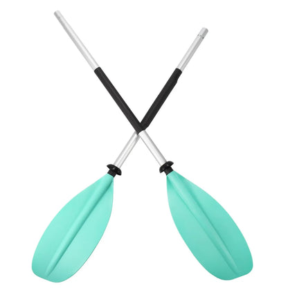Two Adventure Outdoors kayak paddles crossed, showing teal blades and adjustable shafts
