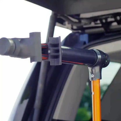 Close-up of integrated locking mechanism on the rack arm.