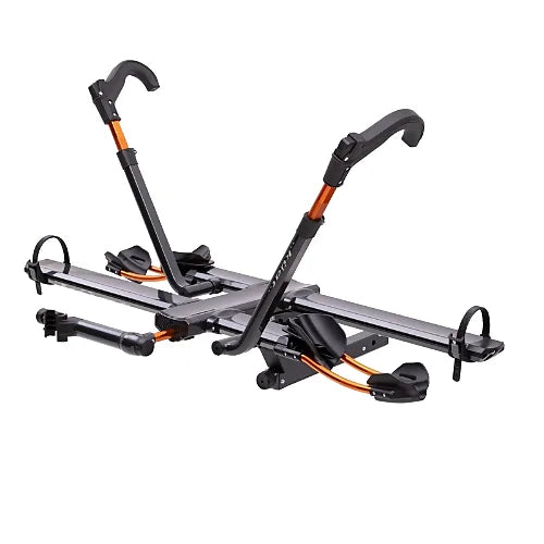 Küat NV 2.0 hitch bike rack open with adjustable tire cradles and repair stand