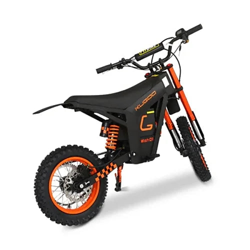 Front angled view of Kugoo Wish 01 electric dirt bike with hydraulic fork and headlight