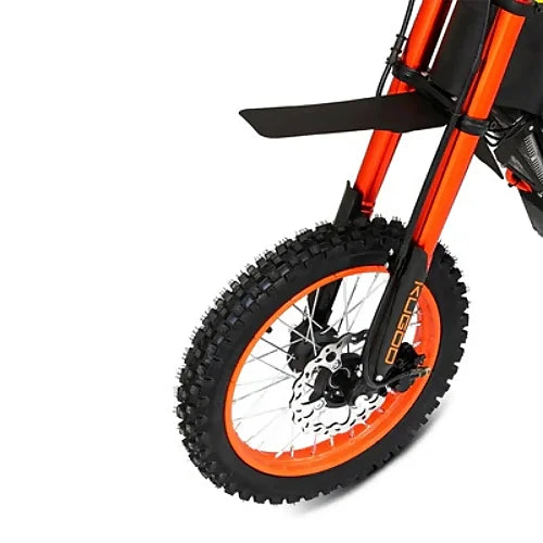 Close-up of front wheel, disc brake, and suspension fork of Kugoo Wish 01 dirt bike