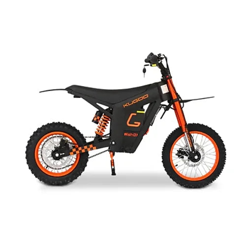 Side profile of Kugoo Wish 01 electric dirt bike with orange accents, off-road knobby tires, and suspension