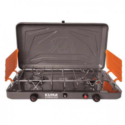 Front view of Kuma Deluxe 2-Burner Propane Stove with lid open and orange windscreen