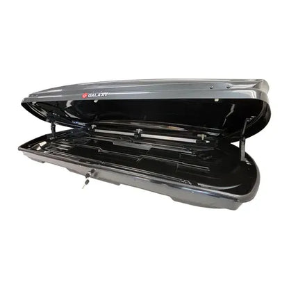 Large rooftop cargo box open front view with dual opening lid