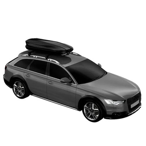 Leaf AO rooftop cargo box installed on vehicle roof rack showing long-body fit and low-profile design