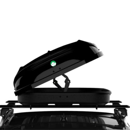 Log AO roof box opened on vehicle roof rack showing dual-side opening design for easy rooftop cargo access