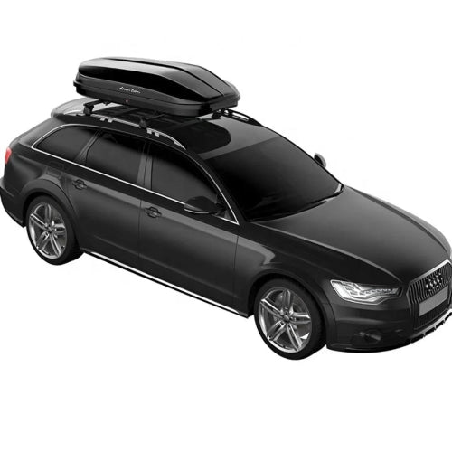 Log AO roof box mounted on car roof rack with Quick-Clamp tool-free mounting and dual-side opening