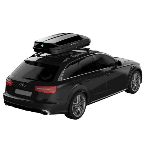 Log AO roof cargo box installed on roof rack — rear angle view of weatherproof rooftop storage