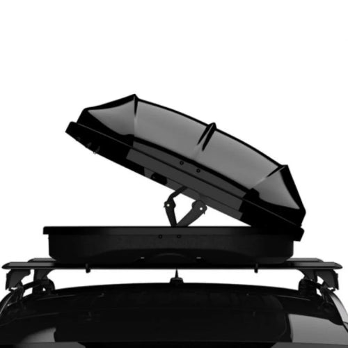 Log AO roof cargo box opened from opposite side while mounted on roof rack showing dual-access rooftop storage system