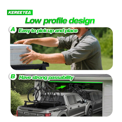 Low profile truck bed rack allows easy garage entry and gear access