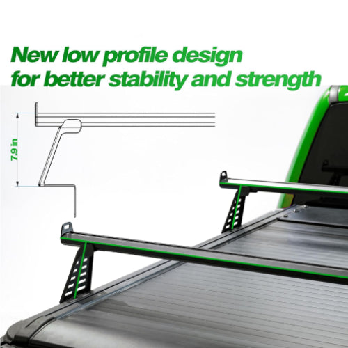 Low profile truck rack design with 7.9 inches of clearance above tonneau cover