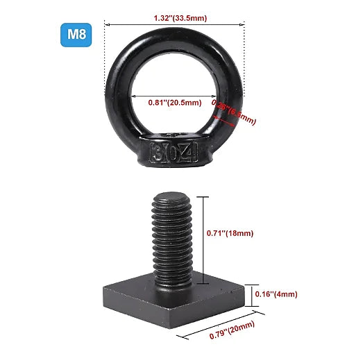 M8 eye bolt dimensions diagram showing ring, thread, and square base measurements for T-track compatibility with Thule, Yakima, and Rhino-Rack roof racks.