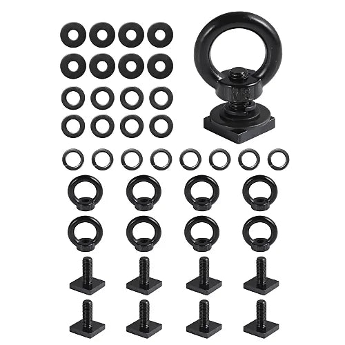 M8 eye bolts kit showing full set of hardware including square T-bolts, washers, and stainless nuts