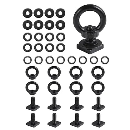 M8 eye bolts kit showing full set of hardware including square T-bolts, washers, and stainless nuts