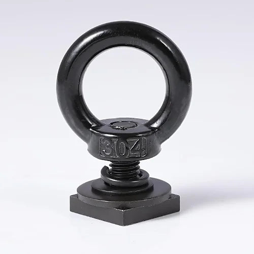 Close-up of M8 T-track tie down anchor bolts with washers and square base for securing straps or bungee cords