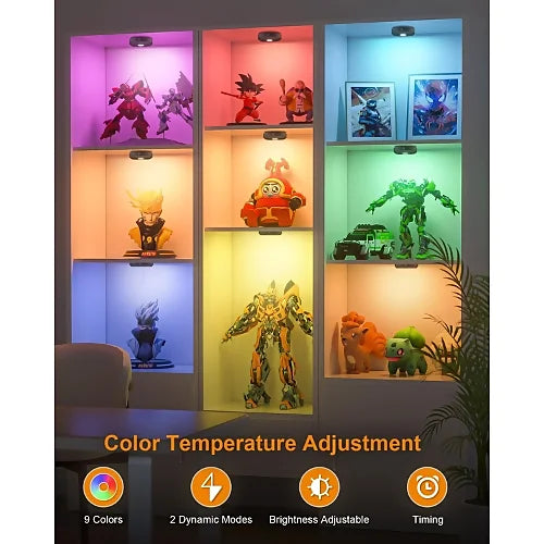 RGB magnetic puck lights in color display cabinet with 9 light options