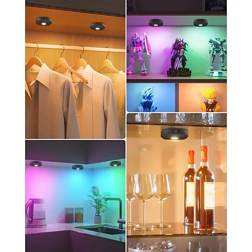 Multi-scene use of RGB puck lights in home including closet and bar area