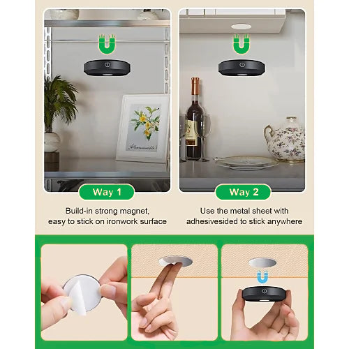 Two installation methods for magnetic puck light: magnet or adhesive backing